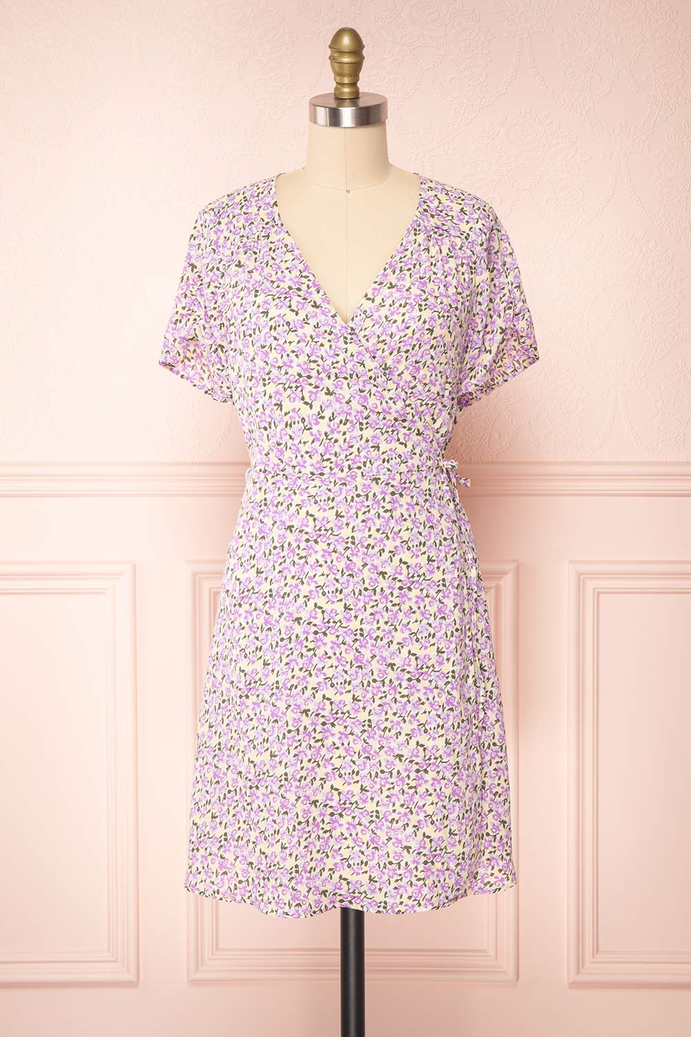 Lauryna Purple Floral Short Sleeve Wrap Dress | Boutique 1861